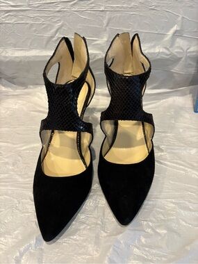 Marc Fisher Black Pointed Suede Cutout Strap Heels